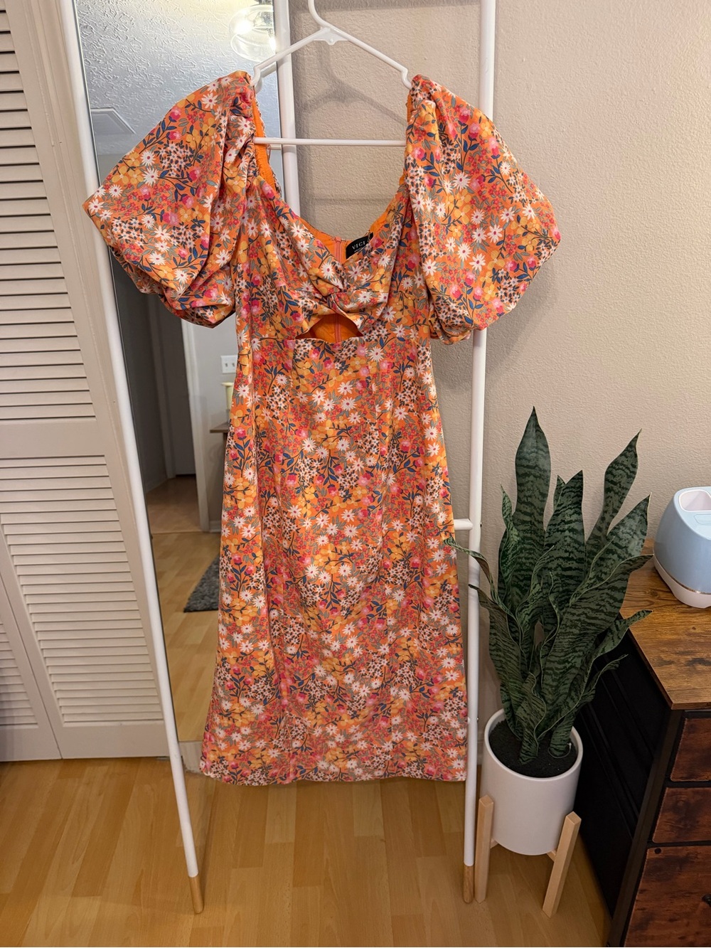 Vici Orange Floral Puff-Sleeve Midi Dress with Front Cutout